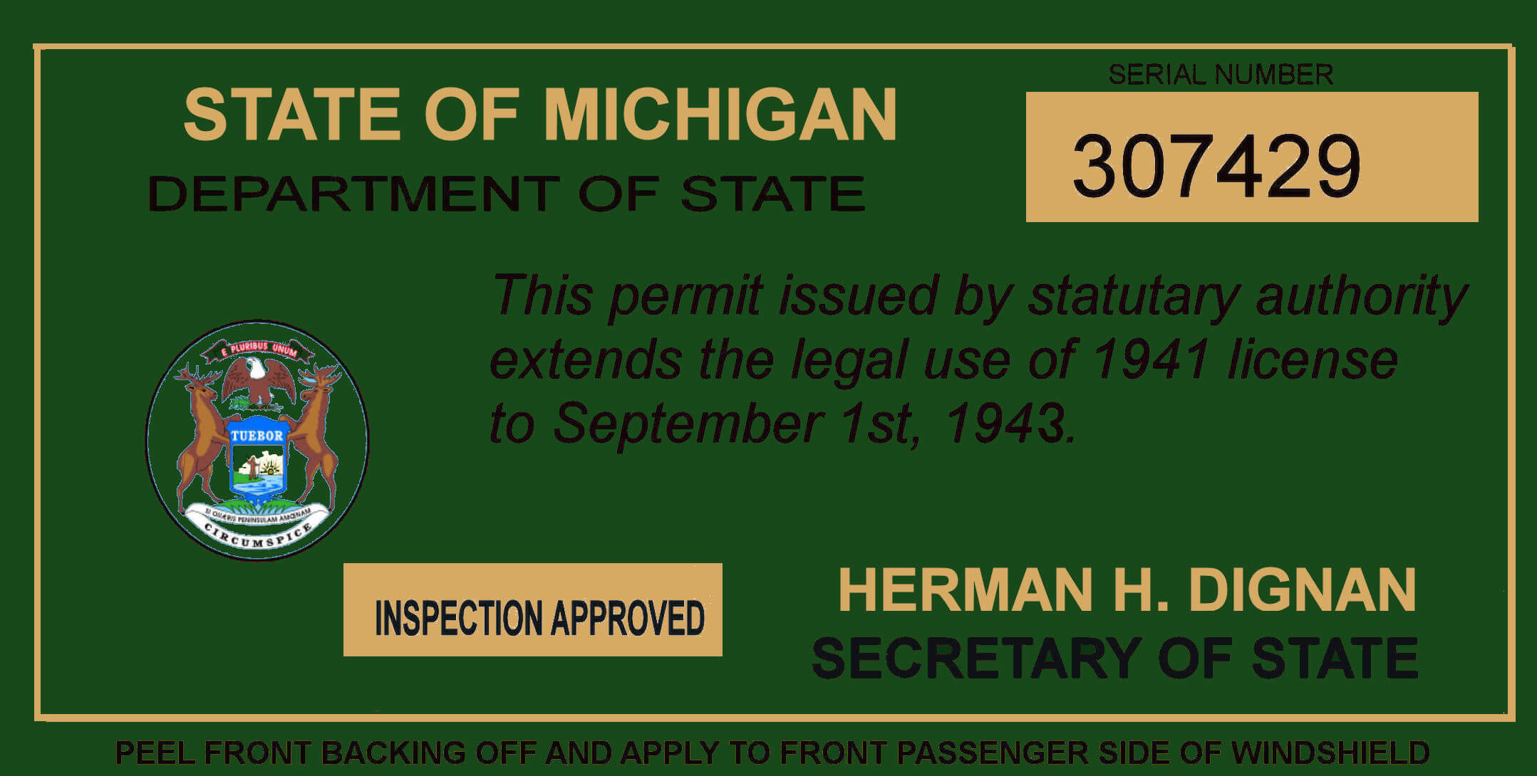 (image for) 1942-43 Michigan registration Inspection